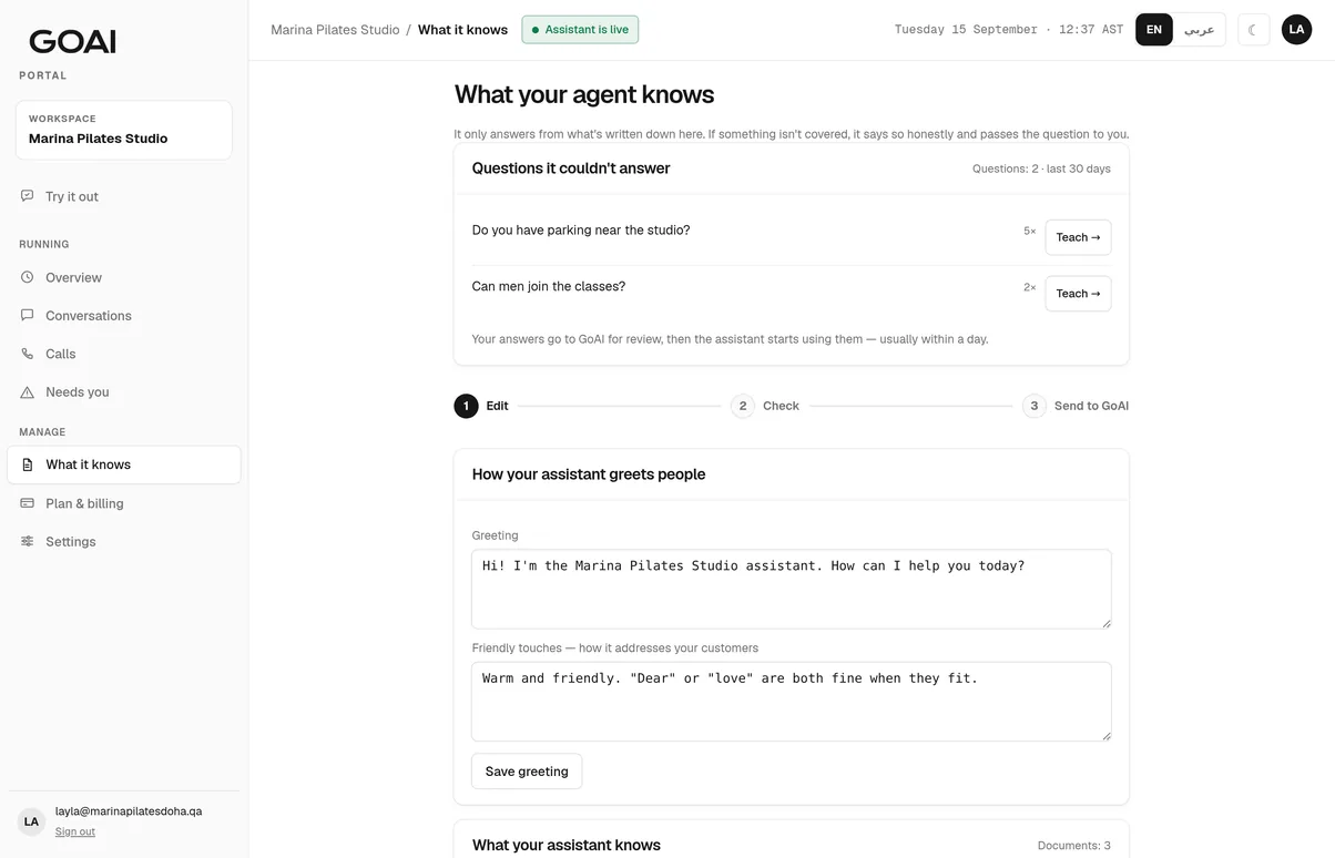 GoAI client portal showing prices and timetable
