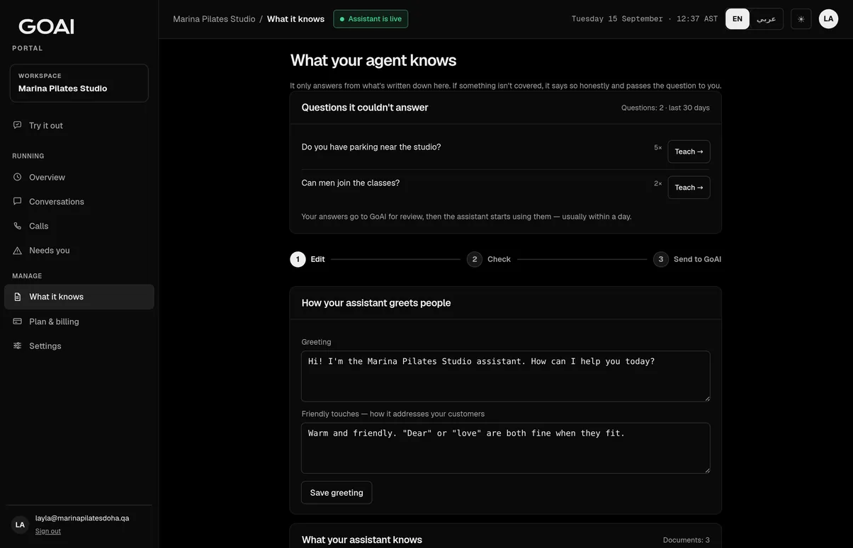 GoAI client portal showing prices and timetable
